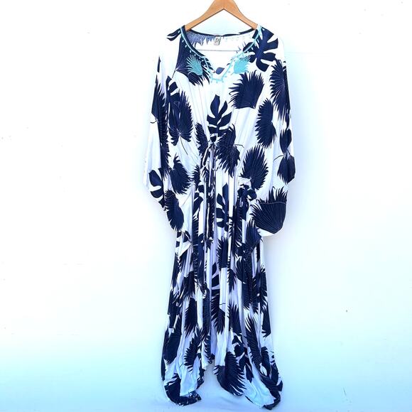 Caftan Maxi Dress Cover-Up Kaftan Long Blue White Floral Large Lightweight - Picture 2 of 9